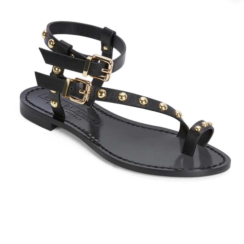 Bay of Angels Roma Black Studded T-Strap Sandals with Gold Accents
